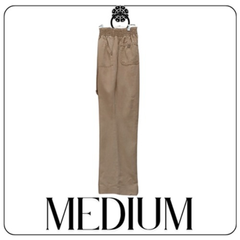 Soundstyle Pants Womens Medium Beige Linen Rayon Wide Leg Elastic Waist Summer